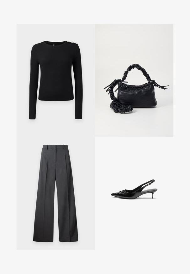 Black long-sleeve ribbed top with round neckline and three decorative buttons on left shoulder, displayed on plain background.; Wide-leg trousers in dark gray fabric, featuring a high waist, single pleats, and a smooth texture with a clean finish at the hems.; Black leather slingback heels with a pointed toe, small kitten heel, and a decorative knot detail on the front. Smooth texture throughout.; Black faux leather handbag with a crocodile texture, cinched top, and a scrunched strap. Appears soft and compact in design.