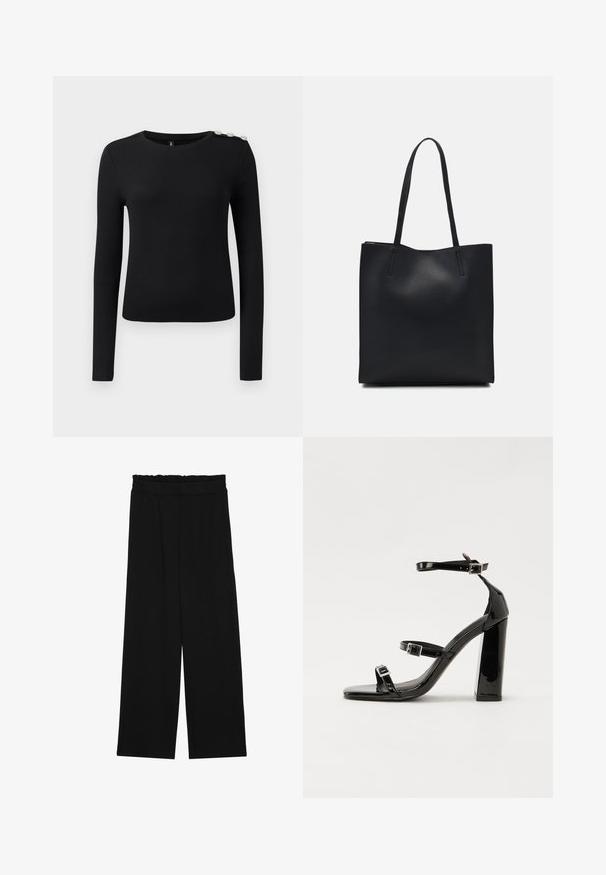 Zwarte lange mouw geribbelde top met ronde halslijn en drie decoratieve knopen op de linker schouder, weergegeven op een effen achtergrond.; Zwarte wijde broek met een gerimpelde tailleband, voorzien van twee zijzakken en een soepele, lichte stof. Geen zichtbare patronen of hardware.; Zwarte gepatenteerde sandalen met hak en een vierkante neus, enkelbandjes en zilveren gespen. Heeft een stevige blokhak voor stabiliteit.; Zwarte leren handtas met een gladde textuur, rechthoekige vorm en twee lange handvaten. Geen zichtbare hardware of versieringen.