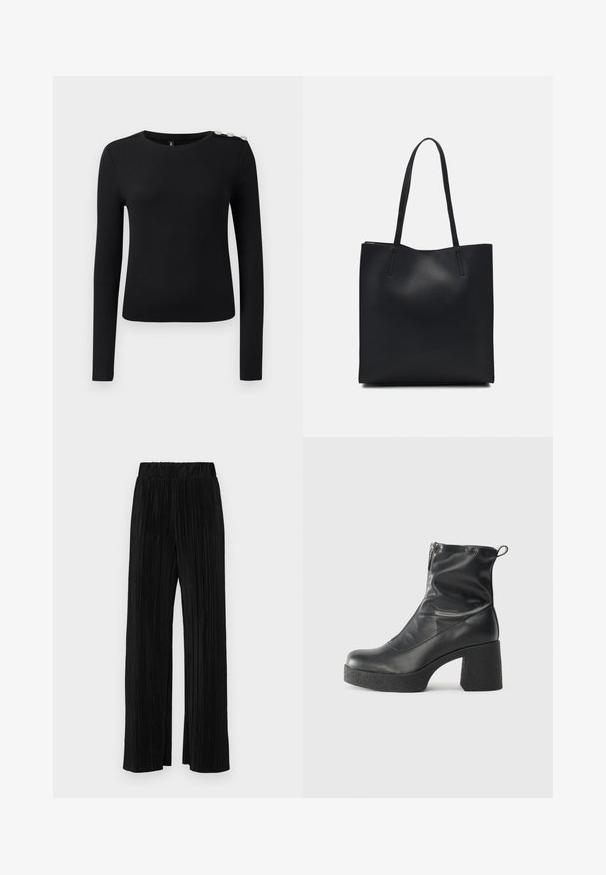 Sort langærmet ribbet top med rund halsudskæring og tre dekorative knapper på venstre skulder, vist på ensfarvet baggrund.; Sorte plisserede bukser med elastisk talje. Har brede ben og et glat, tekstureret stof med lodrette striber.; Sorte ankelstøvler lavet af glat læder, med en sidelukning, kraftig struktureret hæl og rundt tådesign.; Sort læder tote taske med glat tekstur, rektangulær form og to lange hanke. Ingen synlig hardware eller udsmykninger.