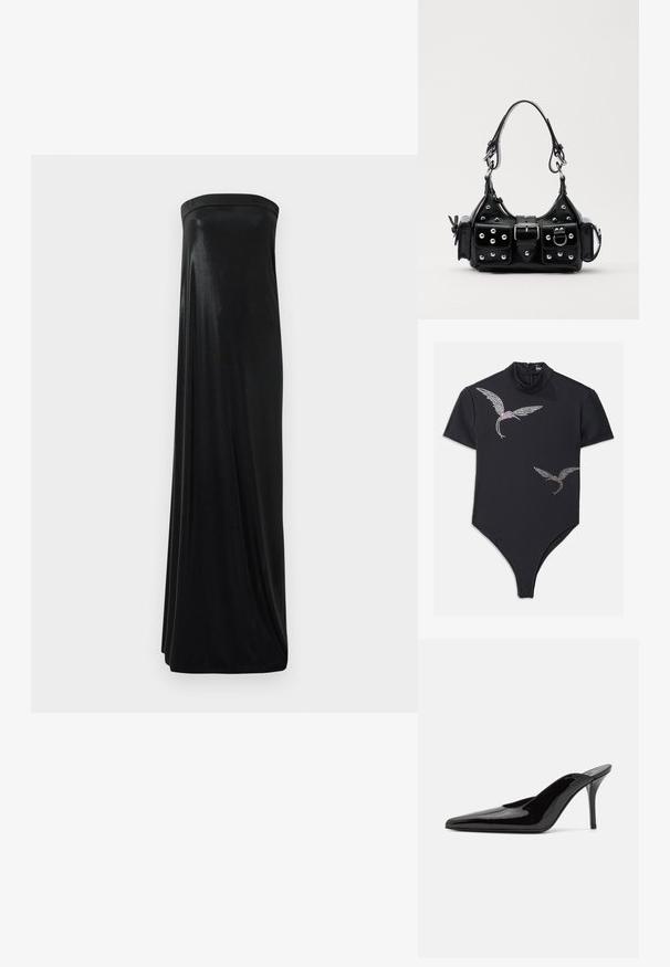 Black bodysuit with short sleeves, high neckline, and zip closure. Features decorative bird designs in crystals, with pink and gold accents.; Black strapless maxi dress made of smooth, shiny fabric. Features a fitted bodice and flowing silhouette, reaching the floor without embellishments.; Black patent leather high-heeled mule with a pointed toe and a sleek silhouette, featuring an open back and a slender stiletto heel.; Black leather handbag with a curved design, featuring silver studs, a buckle, and two side pockets. Adjustable strap for carrying options.
