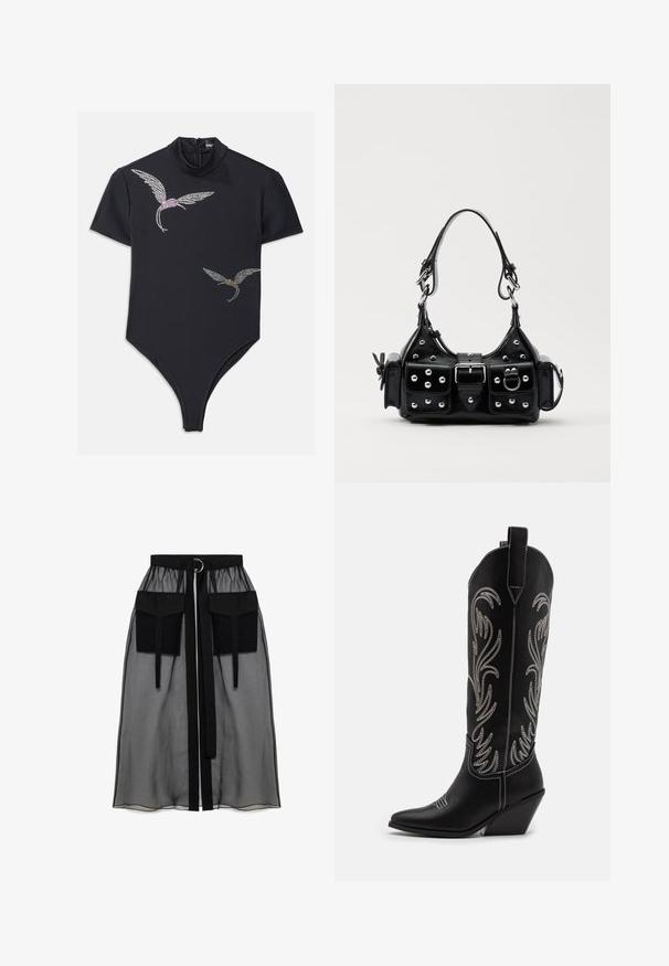 Juodas bodysuit'as su trumpomis rankovėmis, aukštu kaklu ir užtrauktuku. Puošia dekoratyviniai paukščių raštai, išdėstyti krištolais, su rožinės ir auksinės spalvos akcentais.; Juoda permatoma sijonas su surinkta liemene, dviem didelėm priekinėm kišenėm, liemens raišteliu ir apvaliu metaliniu akcentu.; Juodi oda kaubojiški batai su smailiu nosiu, stulpeliu ir sidabriniais siuvinėti gėlių raštais palei šoną. Kontrastingas siuvinėjimas visoje bato dalyje.; Juodas odinis rankinukas su kreiviu dizainu, su sidabro spalvos knopkėmis, užsegimu ir dviem šoninėmis kišenėmis. Reguliuojama dirželis nešimui.