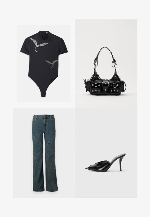 Černý body s krátkým rukávem, vysokým výstřihem a zipovým uzávěrem. Obsahuje dekorativní ptačí vzory vyseté krystaly, s růžovými a zlatými akcenty.; Modré denimové džíny s širokým střihem, které mají zakřivené švy a standardní pět kapsový design. Nezpracovaný lem na spodní části.; Černé kožené vysoké muly s otevřenou špičkou, špičatým designem, hladkým povrchem a štíhlým jehlovým podpatkem.; Černá kožená kabelka s křivkovým designem, zdobená stříbrnými hřebíky, s přezkou a dvěma bočními kapsami. Nastavitelný popruh pro různé možnosti nošení.