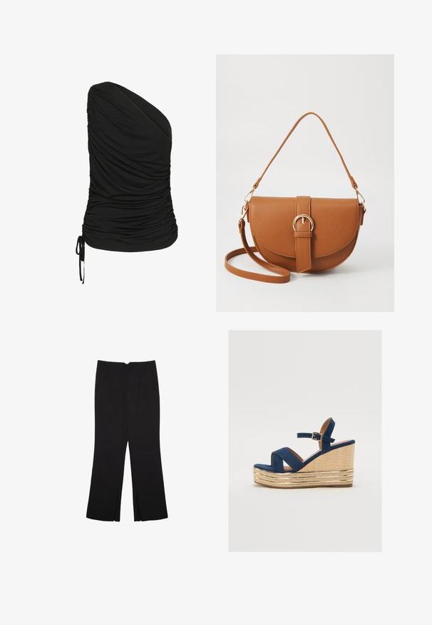 Top nero con una spalla realizzato in materiale elastico, caratterizzato da arricciature sul davanti e un dettaglio con coulisse all'orlo.; Pantaloni neri a gamba dritta, con tasche frontali e spacchi laterali all'orlo. Realizzati in tessuto morbido e liscio. Adatti a diverse occasioni.; Sandalo con zeppa blu navy, con cinturini incrociati, una piattaforma in fibra naturale testurizzata e un accento metallico dorato alla base.; Borsa a tracolla in pelle marrone con forma curvata, hardware dorato e un dettaglio con fibbia. Presenta una tracolla rimovibile.