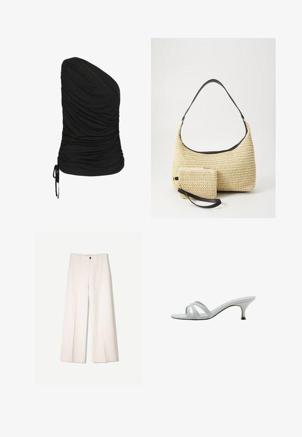Black, one-shoulder top made from stretchy material, featuring ruching on the front and a drawstring detail at the hem.; Cream wide-leg trousers with a tailored design, featuring two front pockets and a single front button closure, made from smooth fabric.; Light gray heeled sandals with three crisscross straps, a slim profile, and a tapered heel. Smooth texture with a slightly shiny finish.; Woven straw handbag with a curved silhouette, featuring a smooth black leather strap and a matching small pouch attached by a wrist strap.