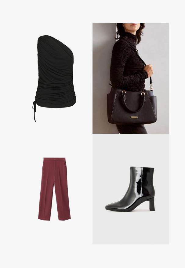 Zwarte, een-schoudertop gemaakt van rekbaar materiaal, met ruches aan de voorkant en een trekkoorddetail aan de onderrand.; Bordeaux brede broek met een zachte textuur, voorzien van zijzakken en een hoogtaille ontwerp. Strak gesneden met een nette voorplooi.; Zwarte gepolijste leren enkellaars met een spitse neus en een blokhak van gemiddelde hoogte. Glad textuur en minimalistisch ontwerp.; Zwarte handtas met gestructureerd oppervlak, dubbele bovenhandvatten en verstelbare schouderriem. Voorzien van goudkleurige hardware en zijzakken.