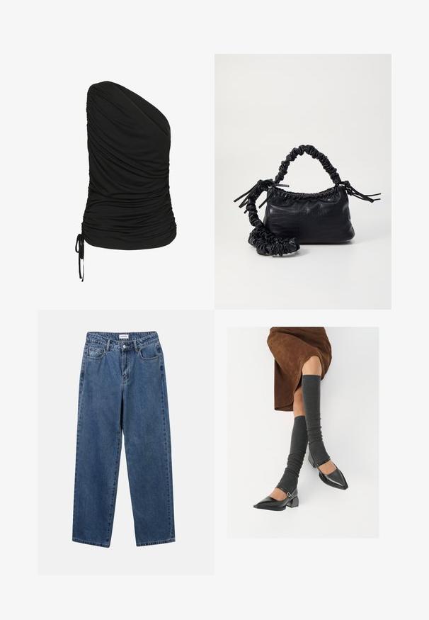 Črna majica z enim ramenom, izdelana iz raztegljivega materiala, z nabiranjem spredaj in z vrvico na robu.; Klasične modre jeans hlače s ravnim krojem, petimi žepi in gumbom za zapiranje. Imajo srednje pranje in trdno teksturo.; Črne lakirane čevlje s pointy prsti in blok peto ter z naramnicami za gleženj, ki jih kombiniramo s sivimi rebrastimi nogavicami in rjavim suknjičem iz usnja.; Črna torbica iz umetnega usnja s krokodilovo teksturo, z zvitim vrhom in zmečkano naramico. Zdi se mehka in kompaktna v oblikovanju.