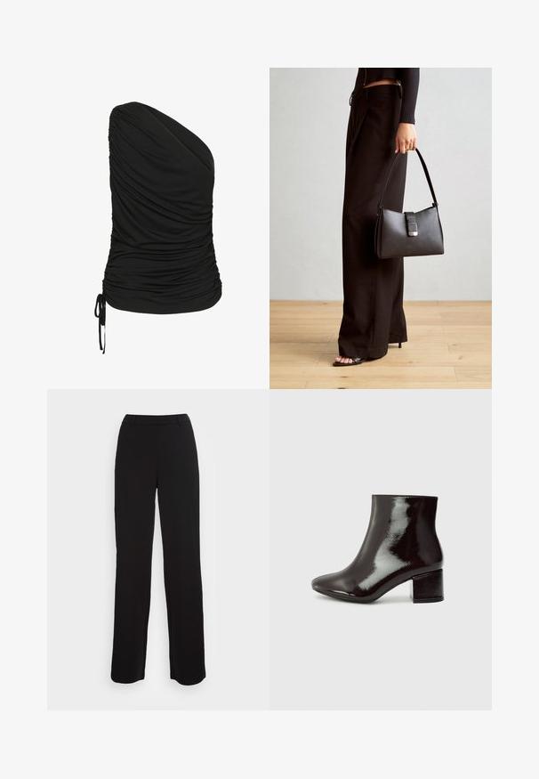 Juodas, viena petneša viršus, pagamintas iš tamprios medžiagos, su surinkimu priekyje ir raišteliu apatiniame krašte.; Juodi kelnių su tiesiu pjūviu dizainu, lygiu paviršiumi ir prigludusia juosta. Yra priekiniai kišeniai ir minimalus siuvimo detalė.; Juodos patento odos aulinukai iki kulkšnies su smailiu nosiu ir storu kulnu. Lygus paviršius su subtiliu blizgesiu ir švariomis linijomis, minimalistinis dizainas.; Juodas rankinė struktūrizuota forma, lygi tekstūra ir metalinis užsegimas. Suporuota su plačiomis juodomis kelnėmis ir atvirais bateliais ant medinių grindų.