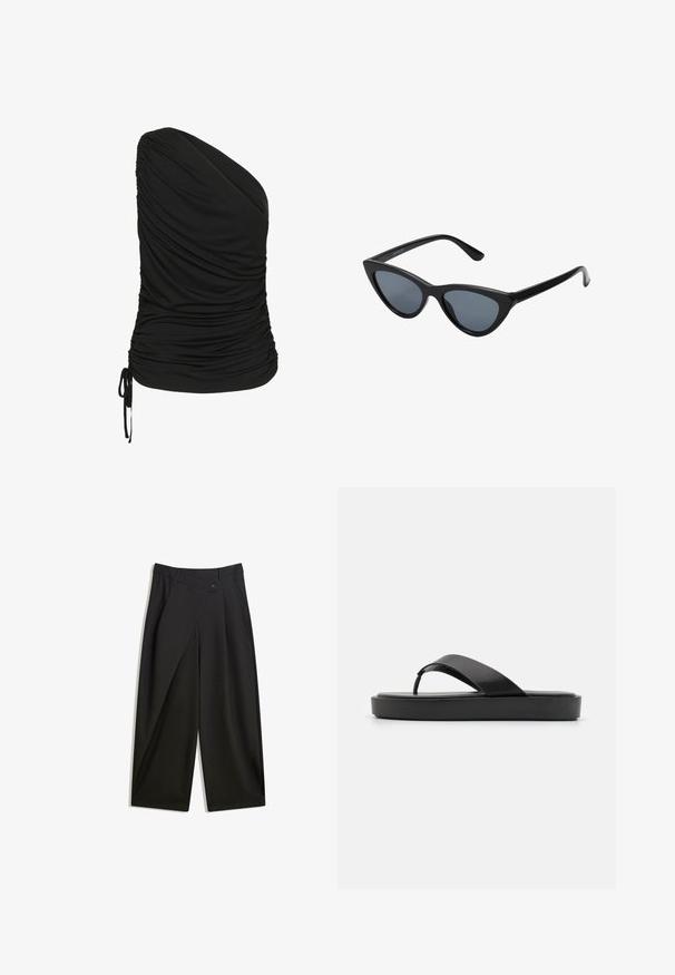 Černý top na jedno rameno vyrobený z elastického materiálu, který má na přední straně nařasení a detail s tkaničkou na spodním lemu.; Černé kalhoty s širokými nohavicemi vyrobené z hladké látky. Mají přední sklady, zapínání na knoflík a upravený pas pro štíhlý střih.; Černé žabky s hladkým horním páskem a texturovanou platformou. Minimalistický design s nízkým profilem.; Černé sluneční brýle ve stylu "cat-eye" s tmavě šedými skly, elegantním plastovým rámečkem, špičatými rohy a rovnými stranami. Bez viditelného kování nebo ozdob.; Přírodní tkaná slámová taška s texturovaným povrchem, velkým otevřeným topem, zakřiveným tvarem a tmavým koženým popruhem. Má černý akcent na dně.