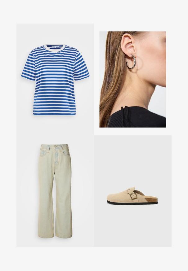 Blue and white striped T-shirt with short sleeves, a crew neck, and a relaxed fit. Made from cotton fabric with a smooth texture.; Light blue wide-leg jeans made of denim, featuring a high waist, five pockets, and subtle fading with contrasting stitching accents.; Beige suede slide-on clogs with a cork footbed, rounded toe, and a simple strap featuring a gold-tone buckle. Rubber sole for grip.; Silver hoop earring with a polished finish, featuring small gold accent details and a round shape, worn on the lobe.