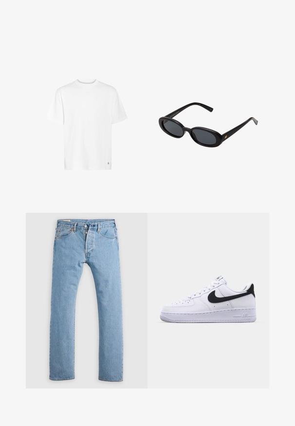 Vit bomulls t-shirt med rund halsringning, kort ärm och rak nederkant. Har en liten logotypdetalj i nedre hörnet.; Ljusblå raka denimjeans med knäppning, bälteshällor och fram- och bakfickor, uppvisade mot en vit bakgrund.; Vita lädersneakers med en texturerad svart Swoosh, platta snören och en gummisula med ett räfflat mönster. "AIR" är präglat på hälen.; Svarta överdimensionerade solglasögon med ovala linser, slät plastbåge och guldaccent på bågarna. Mörka linser ger solskydd.