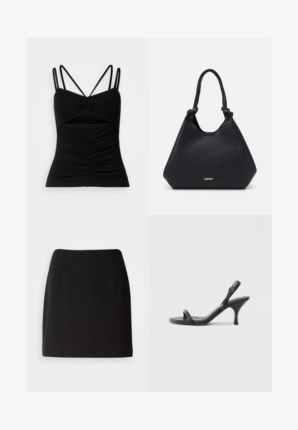 Black sleeveless top with adjustable thin straps, featuring a ruched design in the front and a cut-out detail at the midsection.; Black satin halter neck top with gathered fabric at the neckline and a smooth, flowing design. Straight hem with no visible patterns or accents.; Black skirt with a fitted silhouette, made from a smooth fabric. Features subtle front pleats and a mid-thigh length design.; Black leather high-heeled sandals with a slim, curved heel and a crossed strap design. Adjustable ankle strap. Smooth texture.; Black leather tote bag with a textured finish, knotted handle accents, and gold logo detail at the base. Features a slouchy silhouette.