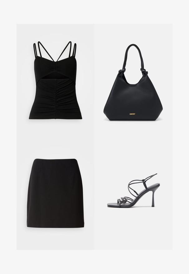 Sort ærmeløs top med justerbare tynde stropper, der har et rynket design foran og en udskæring i midten.; Sort satin halterneck top med samlet stof ved halsudskæringen og et glat, flydende design. Lige kant uden synlige mønstre eller accenter.; Sort nederdel med en tætsiddende silhuet, lavet af et glat stof. Har subtile frontfolder og et design der når til midten af låret.; Sorte højhælede sandaler med tynde stropper og en knyttet design, en glat firkantet tå og en slank stiletto hæl.; Sort læder tote taske med en struktureret overflade, knyttede håndtagsdetaljer og guldlogo ved bunden. Har en afslappet silhuet.