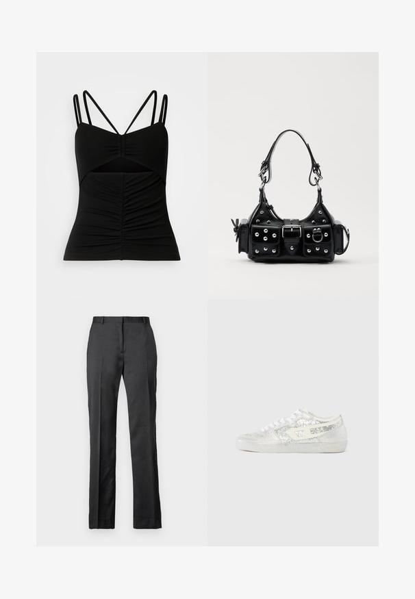 Black sleeveless top with adjustable thin straps, featuring a ruched design in the front and a cut-out detail at the midsection.; Tailored black dress pants made from a smooth fabric. Features a straight leg design, flat front, and subtle crease detailing.; Silver glitter sneakers with white laces, featuring a smooth rubber sole and a textured surface. Accents include a white logo detail on the side.; Black leather handbag with a curved design, featuring silver studs, a buckle, and two side pockets. Adjustable strap for carrying options.