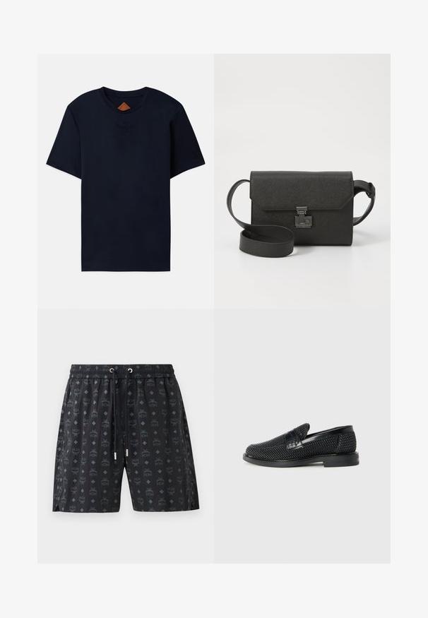 Navy blue cotton t-shirt with short sleeves, featuring a crew neck and embossed logo detail on the chest. Smooth texture, casual fit.; Black swim shorts featuring a repeated logo pattern and diamond shapes. Made of lightweight material, with an elastic waistband and drawstring.; Black woven slip-on shoe with a smooth leather accent on the upper, a round toe design, and a low-profile rubber sole.; Black leather crossbody bag with a textured finish, flap closure, metal hardware, and a matching adjustable strap.