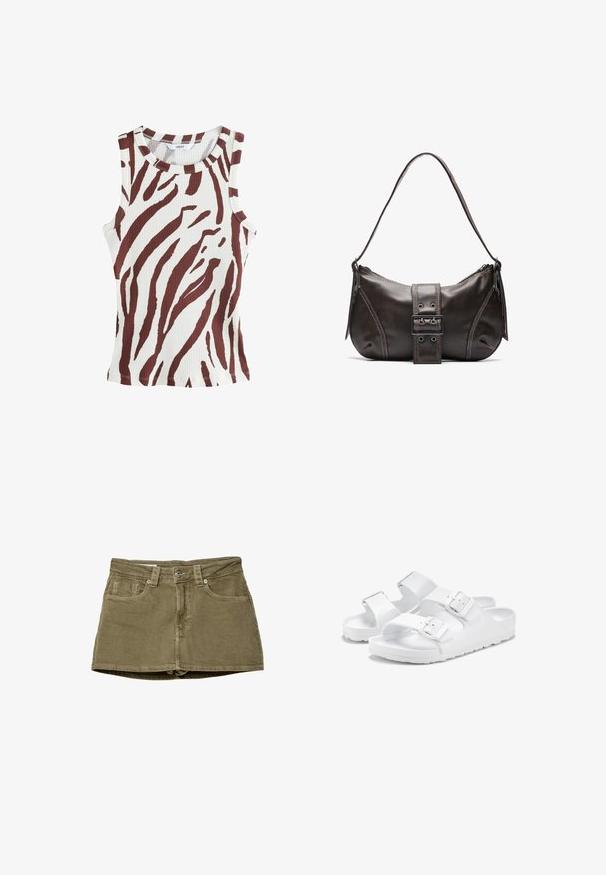 Ribbed tank top in cream with bold brown zebra stripes. Round neckline and sleeveless design. Features a slim fit and stitched hem.; Olive green denim mini skirt with front pockets, straight cut, and button closure. Soft texture with visible stitching details.; White sandals with two adjustable straps, featuring a textured upper and smooth rubber sole. Minimalist design and secure buckles.; Brown leather shoulder bag with a curved shape, featuring a prominent buckle detail, contrasting stitching, and a single shoulder strap.; Gold hoop earrings with a slender, open-loop design. Smooth texture with a polished finish, featuring no embellishments or patterns.