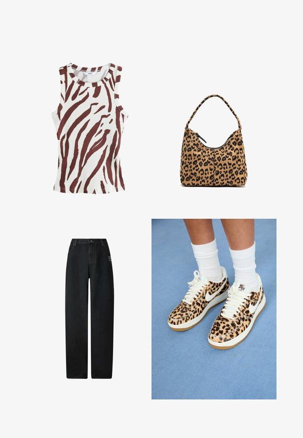 Top a canotta rigata in crema con audaci strisce zebra marroni. Scollatura rotonda e design senza maniche. Presenta una vestibilità slim e orlo cucito.; Jeans a gamba larga in denim nero con vita alta, dotati di design a cinque tasche e un piccolo dettaglio ricamato sul davanti.; Sneakers Nike Air Force 1 con stampa leopardata, con lacci e swoosh bianchi, caratterizzati da una suola in gomma beige e una parte superiore testurizzata. Calze a compressione bianche visibili.; Borsa a tracolla con stampa leopardata e manico curvo, realizzata in morbido tessuto, con chiusura a zip sulla parte superiore e dettagli neri lungo i bordi.