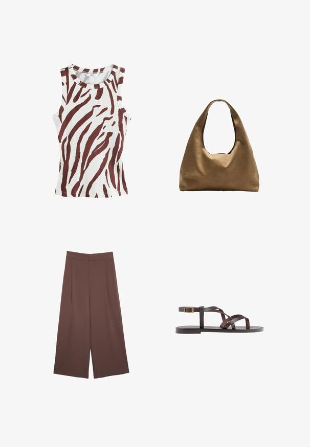 Ribbed tank top in cream with bold brown zebra stripes. Round neckline and sleeveless design. Features a slim fit and stitched hem.; Brown wide-leg trousers with a smooth texture, featuring a high waist and front pleats. The fabric is lightweight and flows loosely.; Brown leather sandal featuring crisscross straps, an ankle buckle closure, and a flat sole with minimal stitching details.; Brown fabric shoulder bag with a wide, rounded body and a large cutout handle. Soft texture, minimalistic design, and no visible hardware.