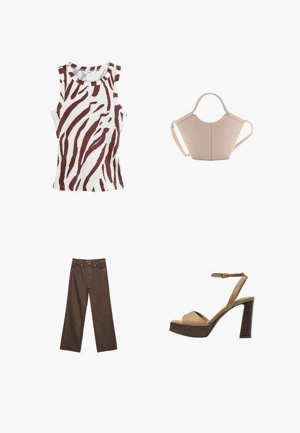 Rebrasta majica brez rokavov v kremni barvi z drzno rjavimi zebra črtami. Okrogla ovratnica in brezrokavni dizajn. Ima slim fit kroj in šivano obrobo.; Široke rjave kavbojke iz denima, ki imajo visok pas, sprednje žepe in klasično zapiranje na gumb. Gladka tekstura s subtilnim šivom.; Bež semiš sandali na visoki peti z širokim sprednjim trakom in trakom okoli gležnja, opremljeni z debelim lesenim blokom peto z teksturirano površino.; Bežna usnjena torbica edinstvene oblike, z dvema kratkima ročajema in dolgim nastavljivim trakom. Gladka tekstura z minimalno kovinsko opremo.