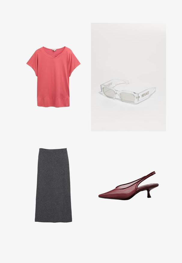 T-shirt à manches courtes couleur corail avec un large décolleté et une coupe ample ; fabriqué en tissu léger avec une texture lisse et un ourlet plat.; Jupe maxi en laine gris avec une coupe droite et une taille élastique, offrant une texture douce et une finition lisse. Pas de motifs ni d'accents visibles.; Escarpins bordeaux à talon ouvert avec un bout pointu et une tige en maille. Ils présentent un talon fin et un design découpé, offrant une silhouette élégante.; Lunettes de soleil en plastique transparent avec verres gris, de forme rectangulaire, logo "Versace" en relief sur les branches, présentant un design moderne.
