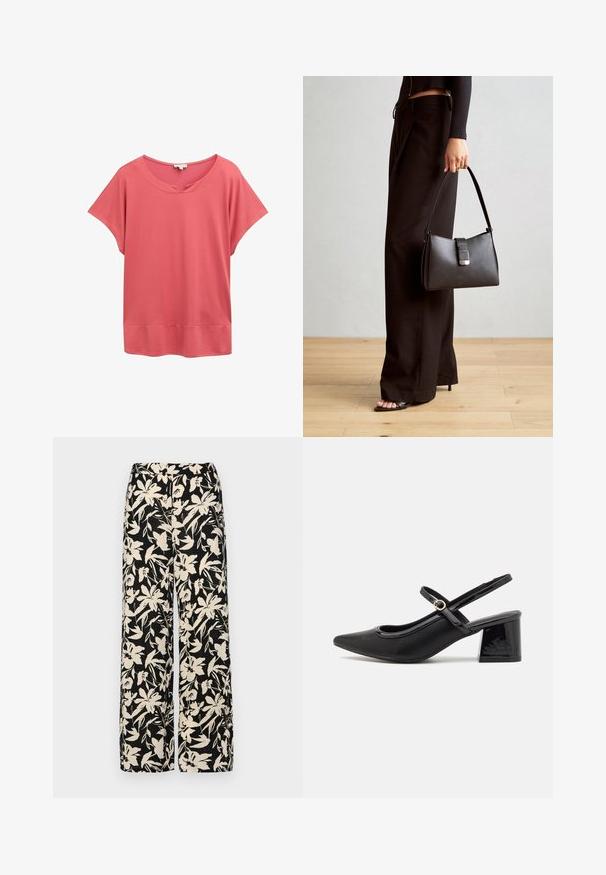 Korallefarbene Kurzarmbluse mit einem weiten Ausschnitt, lässiger Passform und leicht geschwungener Unterkante. Hergestellt aus glattem, leichtem Material.; Schwarze weit geschnittene Hose mit einem cremefarbenen Blumenmuster. Hergestellt aus leichtem Stoff, mit einer glatten Textur und einem hohen Bund.; Schwarze Lackleder-Slingback-Absätze mit spitzer Zehenform, einem runden Ausschnitt-Design und einem Blockabsatz. Mit einem goldfarbenen Schnallenakzent.; Schwarze Handtasche mit strukturierter Form, glatter Textur und einem metallischen Verschluss. Kombiniert mit weiten schwarzen Hosen und offenen Sandalen auf einem Holzboden.