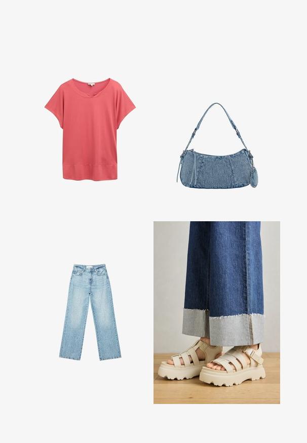 Koraliowa bluzka z krótkim rękawem z szerokim dekoltem, luźnym krojem i lekko zaokrąglonym dolnym brzegiem. Wykonana z gładkiego, lekkiego materiału.; Jasnoniebieskie jeansy z szerokimi nogawkami i wysokim stanem, z lekko wybledzonym wykończeniem i drobnymi, rozproszonymi przetarciami.; Beżowe sandały na platformie z grubymi podeszwami mają paskowy fason i regulowane paski na kostce. Noszone z szerokimi dżinsowymi spodniami, jeden z mankietów jest postrzępiony.; Dżinsowa torba na ramię o zaokrąglonym kształcie, w jasnoniebieskim kolorze, z regulowanym paskiem na ramię oraz małą odpinaną kieszonką z metalowymi akcentami.