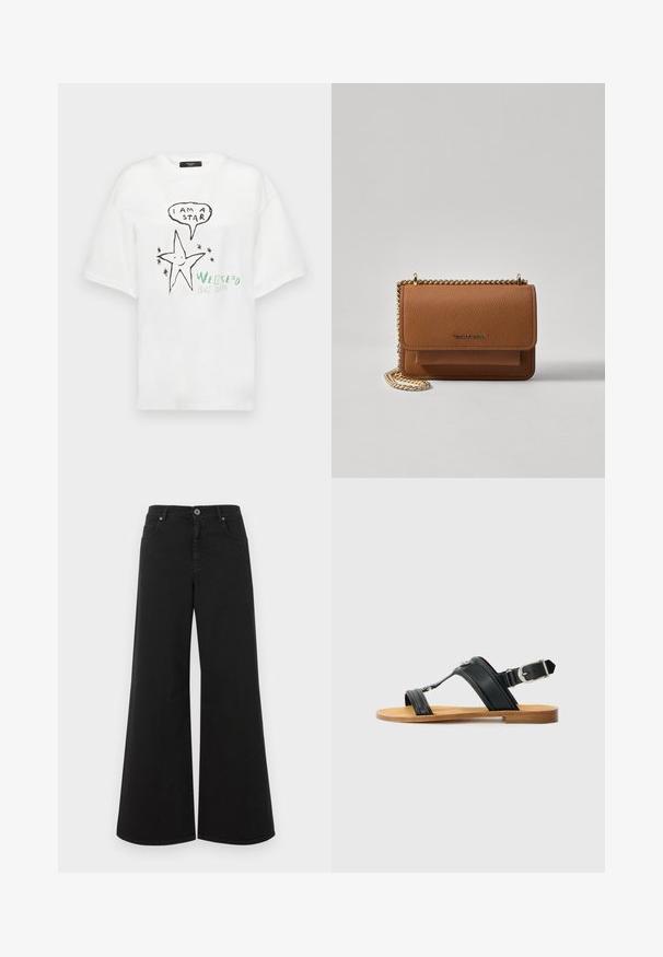 WEEKEND MaxMara XANADU - T-shirt print - bianco; Zwarte wijde spijkerbroek van denim, met een hoge taille, vijf zakken, knoopsluiting en een nette afwerking zonder versieringen.; Zwarte leren sandaal met verstelbare gesp, platte beige zool en twee brede banden die over de voet kruisen, minimalistisch ontwerp.; Bruine lederen schoudertas met textuur, voorzien van een gouden kettingstrap en klepsluiting. De voorkant heeft een logo-detail en een zak onder de klep.