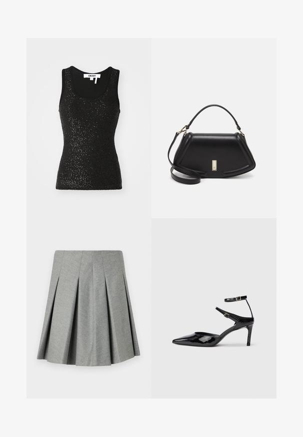Černý bez rukávů top vyrobený z texturované látky s detailními aplikacemi flitrů. Má kulatý výstřih a žebrované okraje. Viditelný štítek značky.; Plisovaná šedá sukně vyrobená z texturované látky, s přiléhavým pasem a rozšířeným střihem. Žádné viditelné kování ani akcenty.; Černé lakované kožené lodičky s špičatou špičkou, nastavitelnými nártními pásky a štíhlým podpatkem. Hladký povrch s lesklým povrchem.; Černá kožená kabelka se strukturovaným designem, jejíž tvar je zkrácený, má horní rukojeť a zlaté kovové detaily. Součástí je i nastavitelný ramenní popruh.