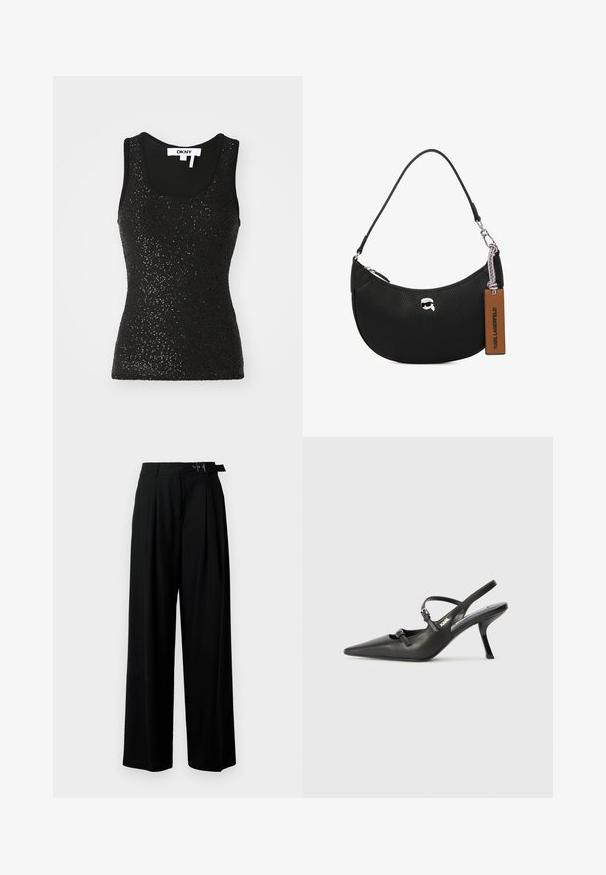 Svart ermeløs tanktop laget av strukturert stoff med paljettdetaljer. Har rund halsutringning og ribbestrikkede kanter. Merkelappen er synlig.; Svarte vide bukser med høy livlinje, folder foran og belte med spenne. Laget av glatt, lett materiale.; Sorte skinn slingback-hæler med spiss tå, slank hæl og dekorativ spenne detalj på vampsiden. Glatt tekstur og stilrent design.; Svart skinnveske med pebble-tekstur, buet form, glidelås på toppen, sølvfarget hardware og en brun etikett. Inkluderer logo-akkenter.