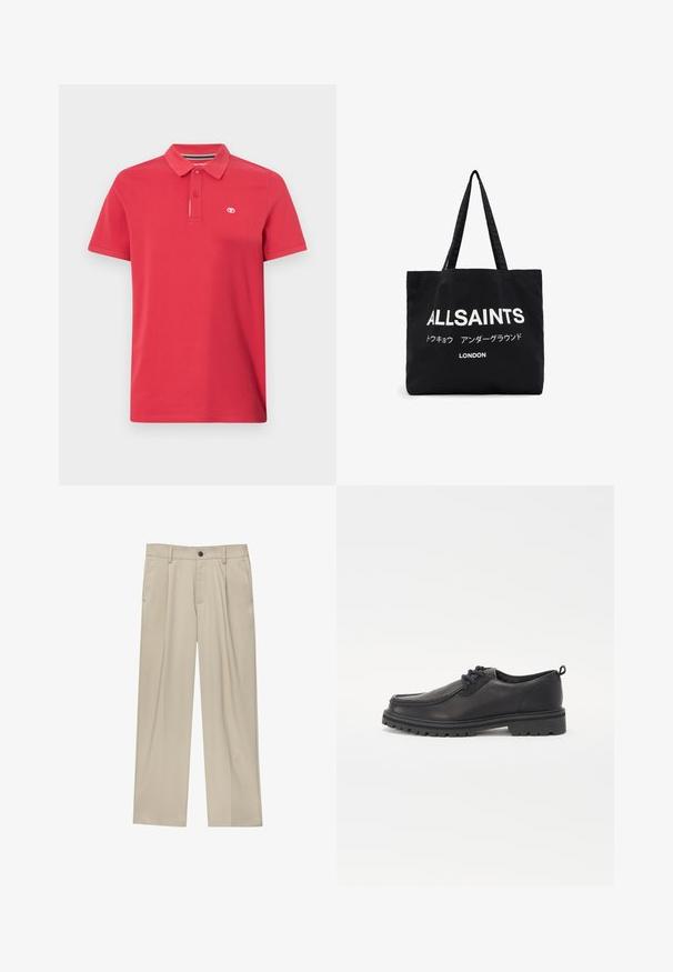 Punainen puuvillapaita klassisella kaulalla, jossa on kolme napinläpeä ja pieni brodeerattu logo vasemmassa rinnassa. Lyhyet hihat.; Beige-housut suoran leikkauksen omaavina, joissa on yksi musta nappi, vyölenkit ja sivutaskut. Sileä kangas ja minimalisti muotoilu.; Mustat nahkakengät, joissa on pyöristetyt varpaat, teksturoitu tikkaus, matala profiili ja kumipohja, jossa on syvät urat pitoa varten.; Mustan kankaan olkalaukku, jossa on voimakkaat valkoiset tekstit "ALLSAINTS" ja alempana pienemmällä tekstillä japaniksi sekä "LONDON". Kaksi pitkää kantohihnaa.