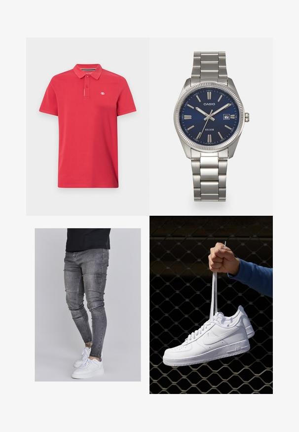 Polo shirt rosso in cotone con colletto classico, patta con tre bottoni e piccolo logo ricamato sul lato sinistro del petto. Maniche corte.; Jeans skinny in denim grigio sbiadito, con dettagli strappati sulle ginocchia, abbinati a sneakers bianche. Texture liscia, design slim fit.; Sneakers in pelle bianca con perforazioni, punta rotonda, suola piatta e lacci spessi, con logo swoosh visibile e "AIR" sul tallone.; Orologio da polso in acciaio inossidabile argento con quadrante blu navy, indici metallici e finestra della data alle 3. Resistente all'acqua fino a 50 metri.