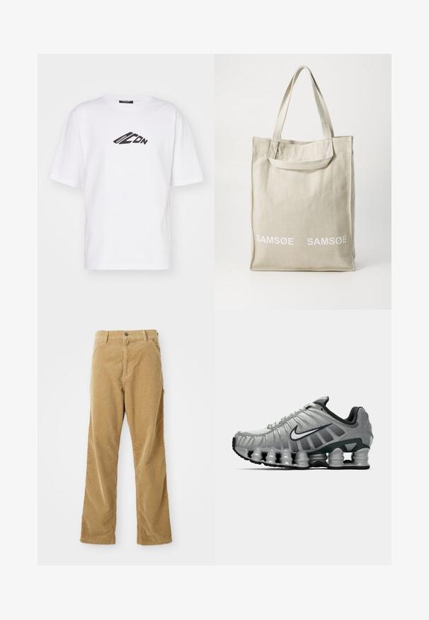 Balta medvilninė marškinė su juodu grafiniu logotipu krūtinėje. Trumpi rankovės, apvalus kirpimas ir laisvas siluetas.; Laimingos pūkinės kelnės su priekinėmis kišenėmis, diržo kilpos, sagos užsegimu ir tiesiu kirpimu, išdėstytais ant balto fono.; Pilkai juodas Nike bėgimo batas su matomu pavasario tipo amortizacija po padu ir baltu swoosh logotipu šone.; Šviesiai smėlinė drobės pirkinių maišelis su dviem rankenomis, ant priekinės pusės spausdintas „SAMSOE“ logotipas baltos spalvos. Stačiakampio formos, su paprastu dizainu.
