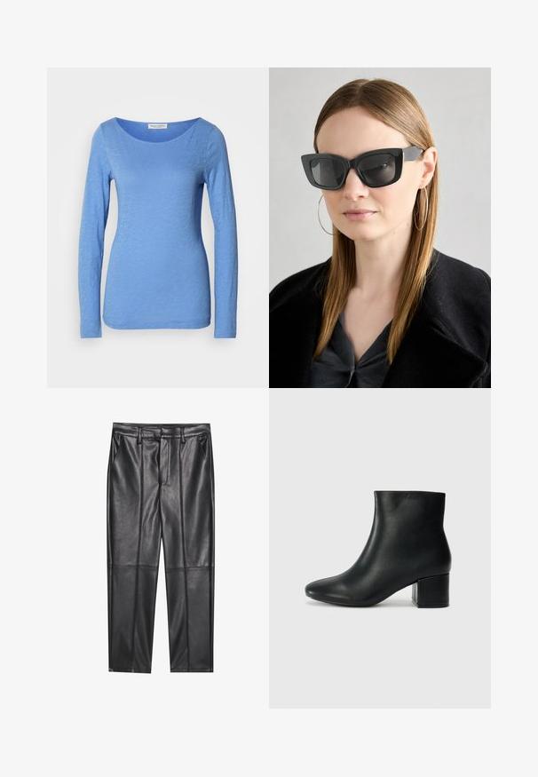 Top de manga longa, com decote redondo, na cor azul clara, feito de um tecido macio e texturizado. Apresenta um padrão heather subtil e uma silhueta ajustada.; Calças de pele preta com uma textura suave, apresentando um ajuste reto, dois bolsos frontais e detalhes de costura visíveis.; Botas de tornozelo em pele preta com bico pontiagudo e um salto robusto. Textura suave com acentos mínimos e um design ajustado e elegante.; Óculos de sol pretos em formato de gato com lentes escuras, armações grossas e acentos subtis. Usados com um casaco preto e uma blusa cinza, apresentando cabelo longo e liso.