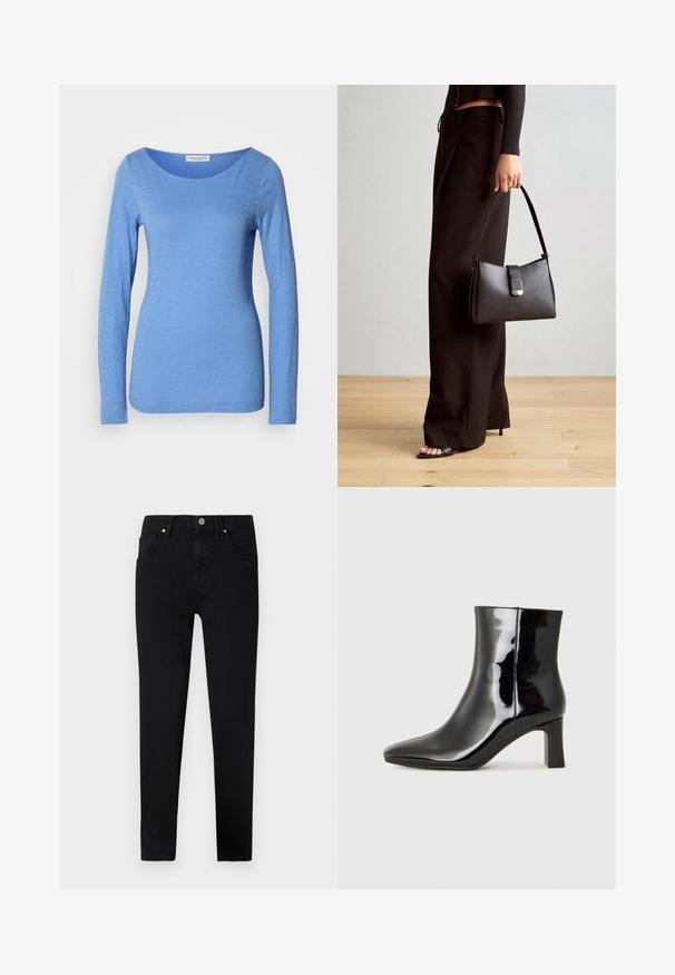 Gara piedurkņu, apaļkrāga krekls gaiši zilā krāsā, izgatavots no mīksta, teksturēta auduma. Iespējams, tam ir smalks heather raksts ar pieguļošu siluetu.; Melni džinsi ar šauru piegriezumu, ar priekšējo pogu aizdari, jostu cilpiņām un klasisko piecu kabatu dizainu. Gluda tekstūra.; Melnas patentētas ādas potīšu zābaki ar norādītu pirkstu un vidēja augstuma kvadrātveida papēdi. Gluda tekstūra un minimālisma dizains.; Melnā somiņa ar strukturētu formu, gludu tekstūru un metālu sprādzi. Saskaņota ar platām melnām biksēm un sandālēm ar atvērtu purngalu uz koka grīdas.