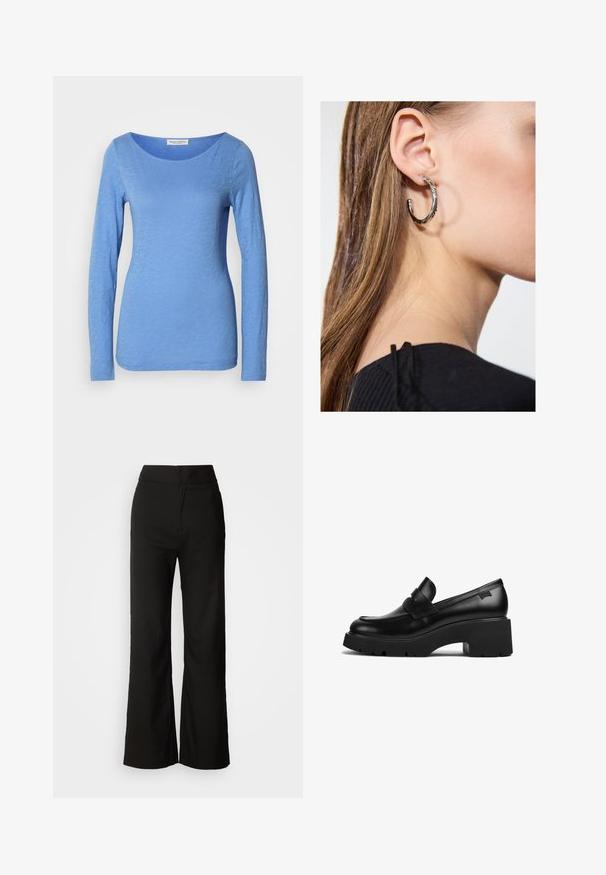 Dlouhá rukávová halenka s kulatým výstřihem ve světle modré barvě, vyrobená z měkké, texturované látky. Disponuje jemným melírovaným vzorem a přiléhavým střihem.; Černé kalhoty se širokými nohavicemi, hladkou texturou, vysokým pasem a čistým designem. Bez viditelných kapes nebo ozdob.; Černý kožený mokasín s robustním podpatkem a silnou podrážkou, s páskovým detailem přes horní část, zobrazený z boku na bílém pozadí.; Stříbrný kruhový náušník s lesklým povrchem, zdobený malými zlatými akcenty, v kulatém tvaru, nošený na lalůčku.