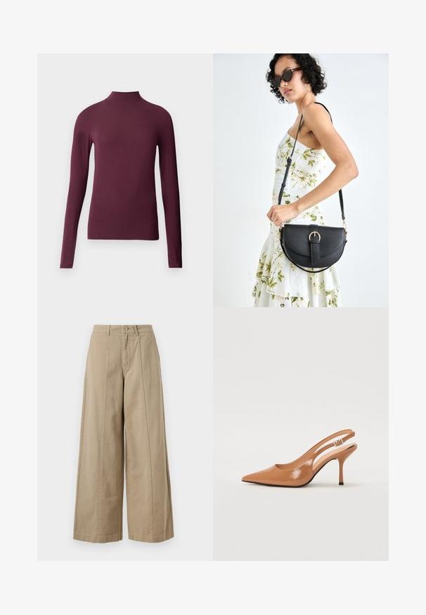 Bordeaux lange mouwen coltrui gemaakt van glad, rekbaar materiaal. Strakke pasvorm met hoge hals en geen zichtbare naden.; Beige wijde broek van stevig katoen, met een knoopsluiting, riemlussen en schone plooien aan de voorkant zonder zichtbare zakken.; Puntige slingback hak in een glad, glanzend beige materiaal. Bevat een gebogen uitsnijdontwerp en een slanke stiletto hak. Zilveren gesp detail.; Zwarte leren handtas met een gebogen vorm, afneembare schouderband en gouden hardware. De tas heeft een klep met een gespsluiting.
