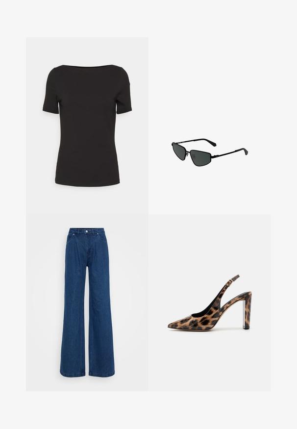 Black short-sleeve t-shirt with a square neckline, made of smooth fabric, featuring a fitted design and no visible patterns or accents.; Wide-leg blue denim jeans with a high waist, front button and zipper closure, and front and back pockets against a plain background.; Leopard print slingback pump with a pointed toe and transparent block heel. Made of glossy material with a smooth texture.; Black metal sunglasses with angular frames and dark lenses. Features thin, straight arms and nose pads for secure fit.