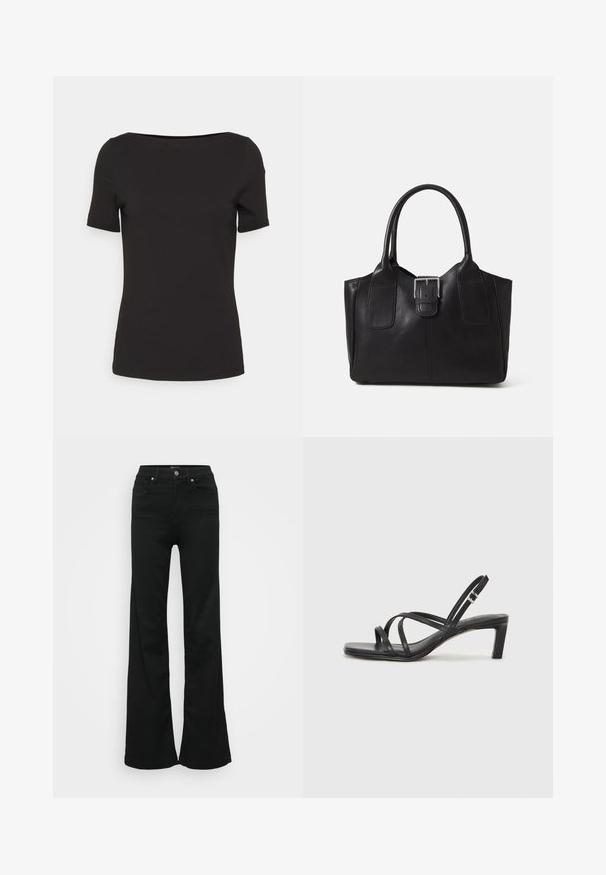 Svart t-skjorte med kort erme og firkantet utringning, laget av glatt stoff, med en tettsittende design og uten synlige mønstre eller detaljer.; Svarte utsvingte jeans laget av denim, med høy midje, fem lommer og metallknapplukking. Glatt tekstur med minimal detaljering.; Sorte sandaler med stropper, firkantet tå og lav blokk hæl. Har flere tynne stropper og en justerbar ankelstropp. Laget av glatt lær.; Svart skinn toteveske med jevn tekstur, strukturert form, to håndtak og en fremtredende sølvspenne foran.