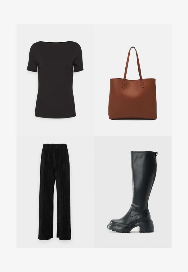 Svart t-skjorte med kort erme og firkantet utringning, laget av glatt stoff, med en tettsittende design og uten synlige mønstre eller detaljer.; Sorte plisserte bukser med elastisk midje. Har vide ben og et glatt, strukturert stoff med vertikale striper.; Høy svart lærstøvel med chunky plattformsåle og blokkhelt, med trekkstang og teksturert mønster på yttersålen.; Brun lær tote veske med en jevn tekstur, åpen toppdesign og to skulderstropper. Har minimal søm og ingen synlige spiker.