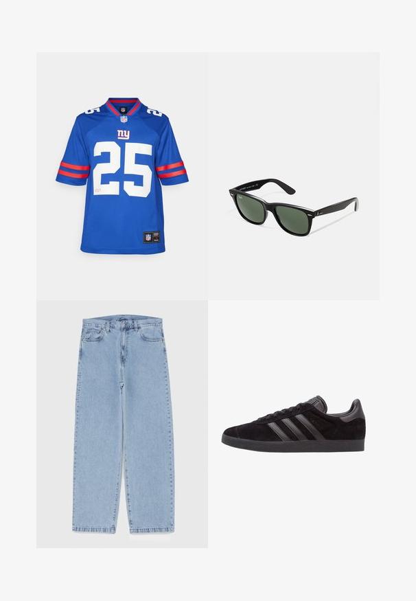 Modrá NFL dres s bielym číslom 25, krátkymi rukávmi so červeno-bielymi pruhmi a pleteným golierom. Nášivka loga na spodnom leme.; Svetlomodré denimové džínsy s rovnými nohavicami, s polovysokým pásom, piatimi vreckami a zapínaním na gombík a zips.; Čierne semišové tenisky s textúrovanými gumovými podrážkami, s tromi čiernymi koženými pruhmi, zaoblenou špičkou a polstrovaným golierom na členku.; Čierne plastové slnečné okuliare so zelenými šošovkami, štvorcové rámy, strieborný akcent na obočí a textúrované ramenné opierky. Brand uvedený na vnútornej strane ramien.