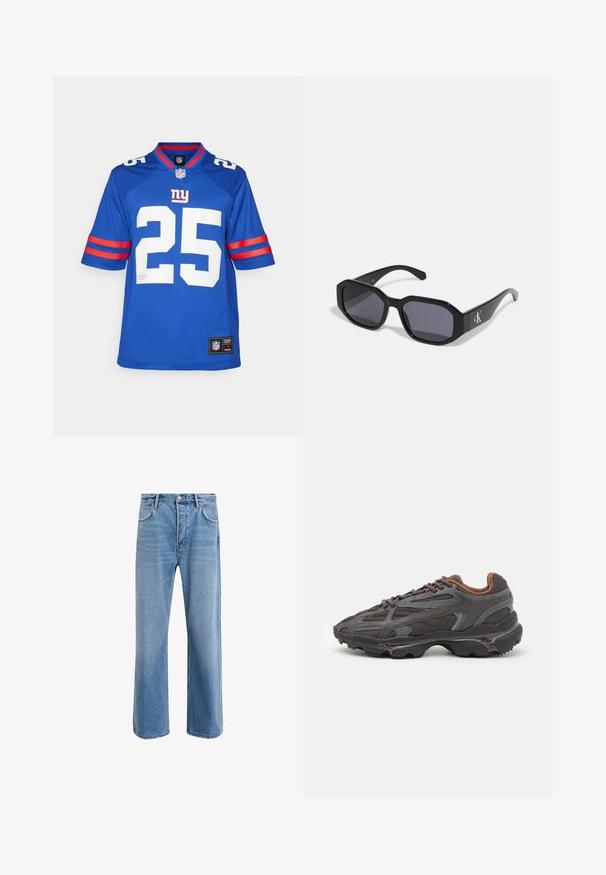 Blå NFL-drakt med hvitt nummer 25, røde og hvite stripete kortermede ermer og strikket krage. Logomerke ved kanten.; Lys blå denimjeans med rett ben-design, fem lommer, knappeåpning, minimal falming og kontrasterende sømdetaljer.; Lacoste-sneakers i mørkegrått med mesh- og syntetisk materiale, med en teksturert såle og brune detaljer på kragen og merket.; Svarte solbriller med åttekantet ramme, mørke linser, glatt plastmateriale og en sølvfarget logoakcent på den ene siden.