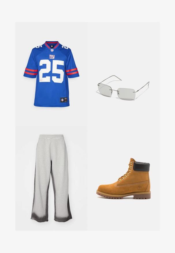 Zils NFL krekls ar balto numuru 25, sarkano un balto svītroto īkšķu piedurknēm un adītu apkakli. Zīmola birka apakšmalā.; Pelēki sporta bikses ar struktūru, kurām apakšā ir pakāpeniska tumšākas pelēkas nokrāsas pāreja, elastīga josta un plaša piegriezuma kājas.; Brūna zamša potīte ar melnu izšuvumu ap kaklu, zelta metāla acu caurumi, balta šuvju apdare un izturīgs gumijas zole ar izteiktu zīmējumu.; Pelēki taisnstūra saulesbrilles ar plānām sudraba metāliskām rāmēm, ar taisnām tempļiem un minimālistisku dizainu, bez redzamām rakstām vai logotipiem.