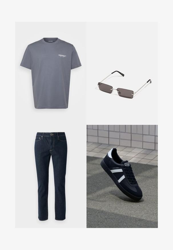 Szürke pamut póló rövid ujjakkal, kerek nyakkal és egy kis fehér "ORIGINALS" logóval a bal mellen. Sima textúra, klasszikus szabás.; Sötétkék farmernadrág egyenes lábakkal, gombos záródással, öt zsebbel és kontrasztos varrással. Sima textúra.; Fekete bőr sportcipő fehér csíkokkal, textúrált gumitalppal és fűzős elejével. A nyelvén márkás címke található.; Napszemüveg téglalap alakú, sötétszürke lencsékkel, ezüstszínű fémkerettel és fekete műanyag végű szárakkal. Könnyű kivitel, orrpárnákkal.