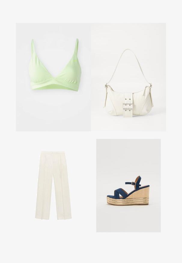 Lichtgroene driehoekige bralette met verstelbare banden, gladde stof, geplooide details aan de onderkant en een klein logo aan de linkerkant.; Wijdgevallen broeken in een lichtcrème kleur. Gemaakt van een zachte stof met plooien aan de voorkant en zijzakken.; Marineblauwe wedge sandaal met gekruiste banden, een geprofileerd natuurlijk vezelplatform en een gouden metalen accent aan de basis.; Witte schoudertas met een gestructureerde afwerking, een centrale gesp accent, en een gebogen vorm. Ritssluitingen aan beide zijkanten.