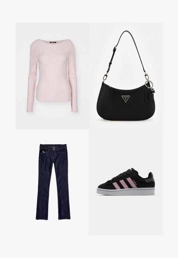 Gina Tricot ASYMMETRIC - Tops ar garām piedurknēm - ballet slipper; Tumši zilie džinsi ar taisnu kāju dizainu, ar priekšējo pogu aizdari, piecām kabatām un redzamām diega šuvēm.; Melnais zamšādas sporta apavi ar rozā trīs svītru dizainu, pelēku gumijas zoli un fakturētu mēli. Iekļauj zīmola atpazīšanu uz sāniem un papēža.; Melnā sintētiskā pleca soma ar izliekta siluetu, struktūras apdari, zelta trīsstūra logotipu un atdalāmiem aksesuāriem.