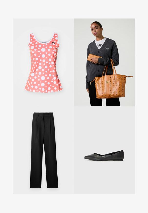 Korálový tílko s bílými kruhovými puntíky, lodičkovým výstřihem a zvonovým lemem. Obsahuje malé černé logo v horní levé části.; Černé široké kalhoty s hladkým povrchem, vybavené předními sklady a vysokým pasem. Vyrobeno z lehké látky.; Černé kožené baleríny s špičatou špičkou, nízkým podpatkem a hladkým povrchem. Minimální design s jemným bočním akcentem.; Žena ve tmavě šedém kardiganu a bílém tričku, držící béžovou koženou tašku a odpovídající peněženku s potiskem loga.