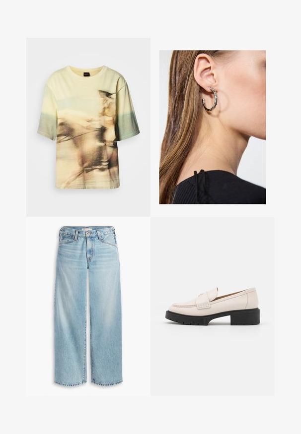 Lühikeste varrukatega T-särk pehme puuvillaga, millel on udune ratsutamisteema pastellsetes kollase ja rohelise toonis ning ümmargune kaelus.; Heledad sinised laia säärega teksad, mis on valmistatud denimist, kõrge vöökoht, nööpidega kinnitamine ja kulunud serv. Nähtavad õmblused ja taskud.; Heled paar heleda beezžilederist valmistatud mokassiinide, millel on õmmeldud esiosa ja tekstureeritud must platvormkonts. Omab kaardus disaini ja kerget tõstet.; Hõbedane rõngas kõrvarõngas poleeritud viimistlusega, millel on väikesed kuldsed aktsendid ja ümmargune kuju, kantud lobus.