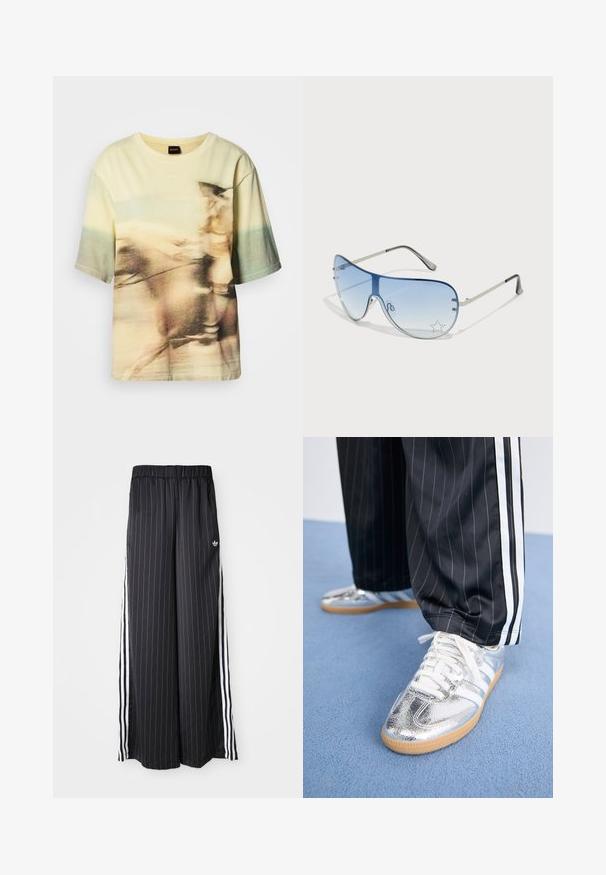 Īsām piedurknēm T-krekls no mīksta kokvilnas ar izplūdušu jātnieku grafiku pasteļdzeltenā un zaļā krāsā un apaļu kakla izgriezumu.; Melnas platajās bikses ar vertikālām baltām svītrām, elastīgs jostasvads un trīs baltas svītras sānos. Adidas logo priekšpusē.; Metāliski sudraba sporta apavi ar baltām auklām un trim baltām svītrām, savienoti ar melnām svītrainām biksēm. Gumijas zole apakšā.; Pilotstila saulesbrilles ar gradienta zilām lēcām, sudraba metāla rāmjiem un dekoratīvām zvaigžņu akcentiem uz lēcām. Gluda un eleganta dizaina.