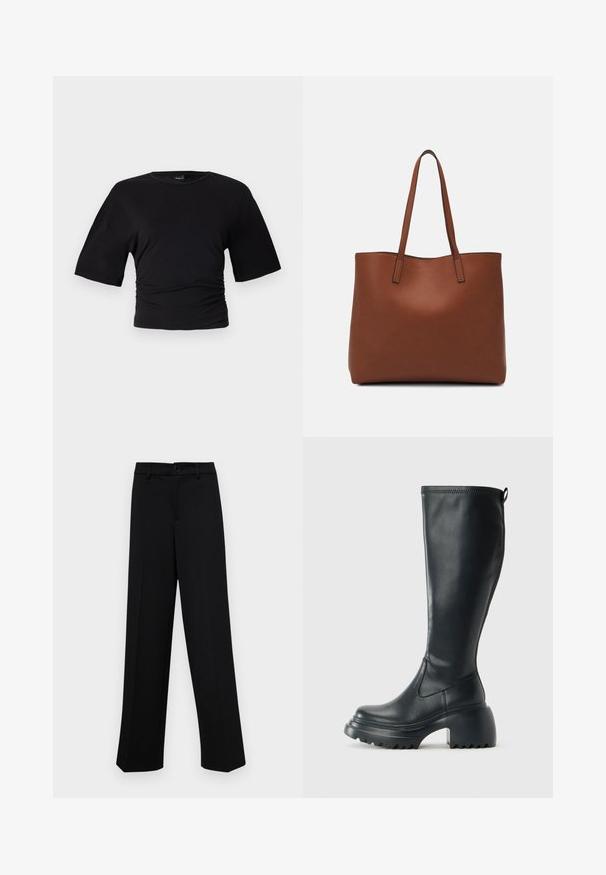 Gina Tricot SOFT TOUCH RUCHED TEE - Basic T-shirt - black; Black wide-leg trousers made of smooth fabric, featuring a classic waistband with a button closure and front pleats.; Tall black leather boot with chunky platform sole and block heel, featuring pull tab and textured tread on outsole.; Brown leather tote bag with a smooth texture, open top design, and two shoulder straps. Features minimal stitching and no visible hardware.