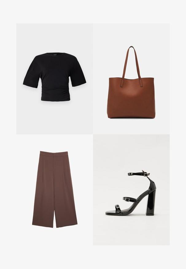 Gina Tricot SOFT TOUCH RUCHED TEE - T-Shirt basic - black; Braune Weite-Leg-Hosen mit einer glatten Textur, hoher Taille und Vorderfalten. Der Stoff ist leicht und fällt locker.; Schwarze patentierte Sandalen mit Absatz, quadratischer Spitze, Knöchelriemen und silbernen Schnallen. Mit einem stabilen Blockabsatz für mehr Stabilität.; Braune Leder-Tote mit glatter Textur, offenem Oberteil und zwei Schulterriemen. Verfügt über minimale Nähte und keine sichtbaren Beschläge.