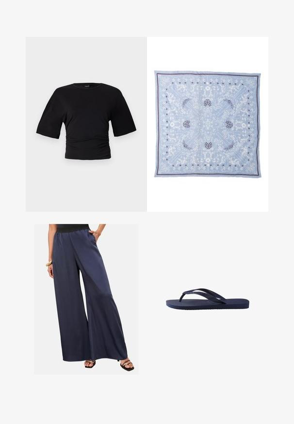 Gina Tricot SOFT TOUCH RUCHED TEE - T-paita - black; Nainen, jolla on päällään tummansiniset leveälahkeiset housut, joissa on musta joustovyötärö, seisoo yksi käsi taskussa ja mustat avonaiset sandaalit jalassa.; Tummansiniset läpättimet, joissa on tekstuuriset kumihihnat ja pohja, hihnoissa on aaltoileva kuvio ja tasainen, uritettu jalkapohja.; Vaaleansininen neliönmuotoinen huivi, jossa on valkoisia ja tummansinisiä kukka- ja paisley-kuvioita. Reunassa hieno violetti sommittelu. Pehmeä pinta.; Kultaketju, joka koostuu toisiinsa kytkeytyvistä lenkeistä ja kiillotetusta sydänriipuksesta, jossa on kiinnitysneula. Suora pinta ja kiiltävä viimeistely.